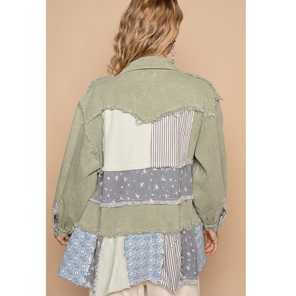 "The Kristin" Olive Mixed Print Frayed Edging Jacket - Picture 2 of 5